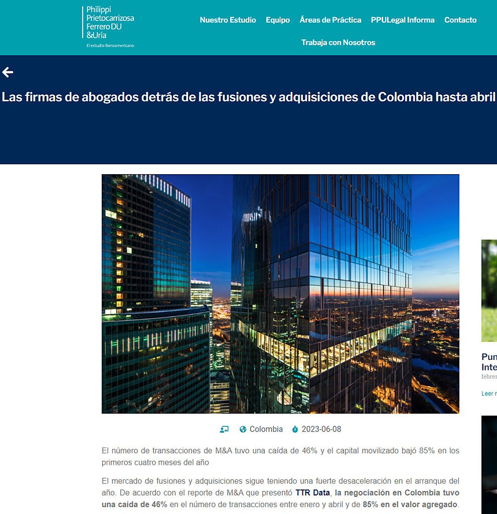 Las firmas de abogados detrs de las fusiones y adquisiciones de Colombia hasta abril